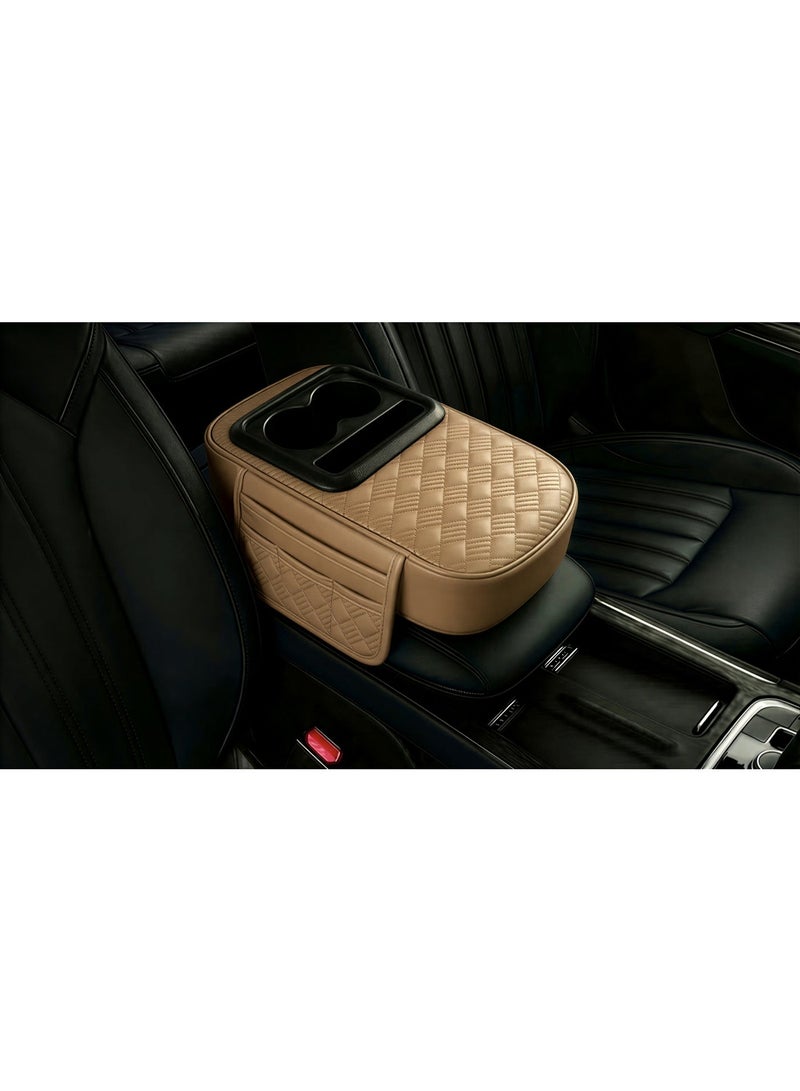 general Leather car armrest with cup holder and pockets for small items, padded design, - beige - Image 1